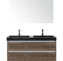Badmöbel-Set Sanox Dante BxHxT 121 x 170 x 45,5 cm Frontfarbe tabacco mit Waschtisch Naturstein schwarz und Naturstein-Doppelwaschtisch Spiegel Waschtischunterschrank
