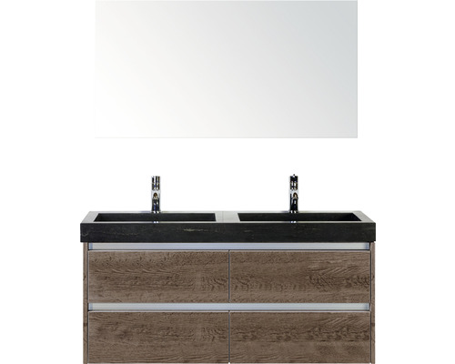 Badmöbel-Set Sanox Dante BxHxT 121 x 170 x 45,5 cm Frontfarbe tabacco mit Waschtisch Naturstein schwarz und Naturstein-Doppelwaschtisch Spiegel Waschtischunterschrank