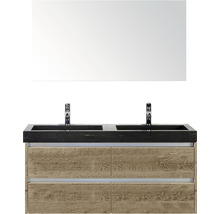 Badmöbel-Set Sanox Dante BxHxT 121 x 170 x 45,5 cm Frontfarbe eiche natur mit Waschtisch Naturstein schwarz und Naturstein-Doppelwaschtisch Spiegel Waschtischunterschrank