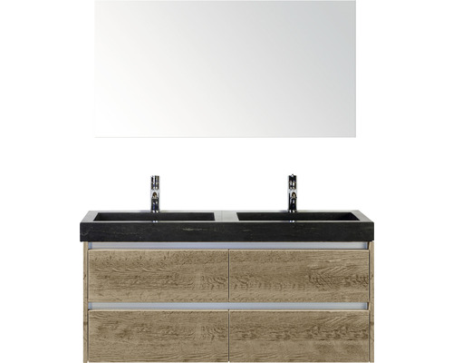 Set de meubles de salle de bains Sanox Dante lxhxp 121 x 170 x 45,5 cm couleur de façade chêne nature avec vasque en pierre naturelle noir et double vasque en pierre naturelle miroir meuble sous vasque