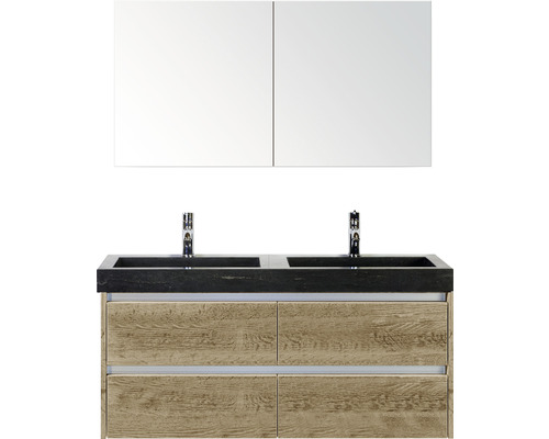 Badmöbel-Set Sanox Dante BxHxT 121 x 170 x 45,5 cm Frontfarbe eiche natur mit Waschtisch Naturstein schwarz Badmöbel-Set Sanox Dante BxHxT 121 x 170 x 45,5 cm Frontfarbe eiche natur mit Waschtisch Naturstein schwarz