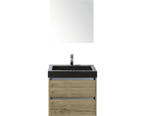Badmöbel-Set Sanox Dante BxHxT 61 x 170 x 45,5 cm Frontfarbe eiche natur mit Waschtisch Naturstein schwarz und Naturstein-Waschtisch Spiegel Waschtischunterschrank