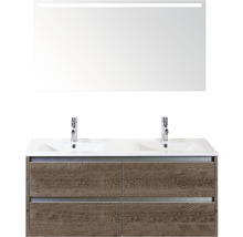 Badmöbel-Set Sanox Dante BxHxT 121 x 170 x 46 cm Frontfarbe tabacco mit Waschtisch Keramik weiß und Keramik-Doppelwaschtisch Spiegel mit LED-Beleuchtung Waschtischunterschrank