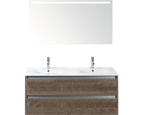 Set de meubles de salle de bains Sanox Dante lxhxp 121 x 170 x 46 cm couleur de façade tabac avec vasque en céramique blanc et double vasque céramique miroir avec éclairage LED meuble sous vasque