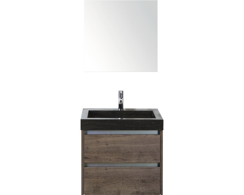 Badmöbel-Set Sanox Dante BxHxT 61 x 170 x 45,5 cm Frontfarbe tabacco mit Waschtisch Naturstein schwarz und Naturstein-Waschtisch Spiegel Waschtischunterschrank
