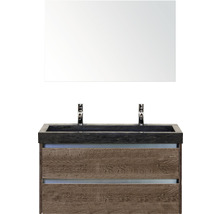 Badmöbel-Set Sanox Dante BxHxT 101 x 170 x 45,5 cm Frontfarbe tabacco mit Waschtisch Naturstein schwarz und Naturstein-Doppelwaschtisch Spiegel Waschtischunterschrank