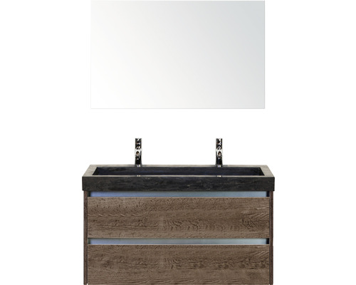 Badmöbel-Set Sanox Dante BxHxT 101 x 170 x 45,5 cm Frontfarbe tabacco mit Waschtisch Naturstein schwarz und Naturstein-Doppelwaschtisch Spiegel Waschtischunterschrank