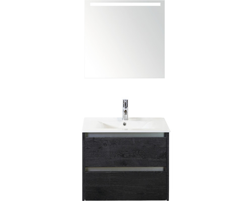Badmöbel-Set Sanox Dante BxHxT 61 x 170 x 46 cm Frontfarbe black oak mit Waschtisch Keramik weiß und Keramik-Waschtisch Spiegel mit LED-Beleuchtung Waschtischunterschrank