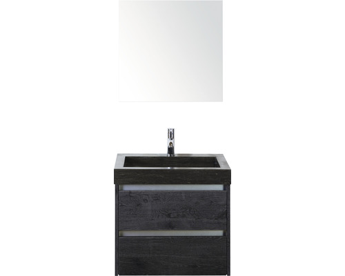 Set de meubles de salle de bains Sanox Dante lxhxp 61 x 170 x 45,5 cm couleur de façade black oak avec vasque en pierre naturelle noir et vasque en pierre naturelle miroir meuble sous vasque