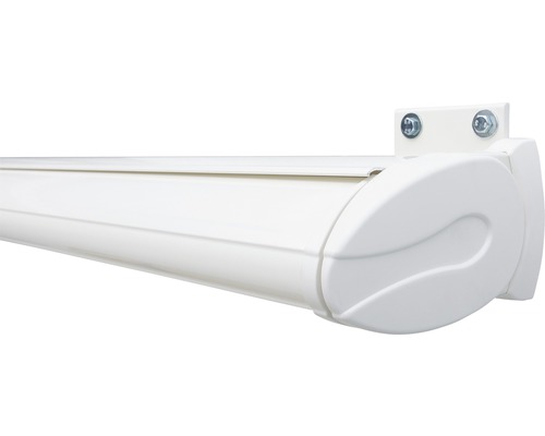 Detailansicht einer weißen Gelenkarmmarkise mit Wandhalterung