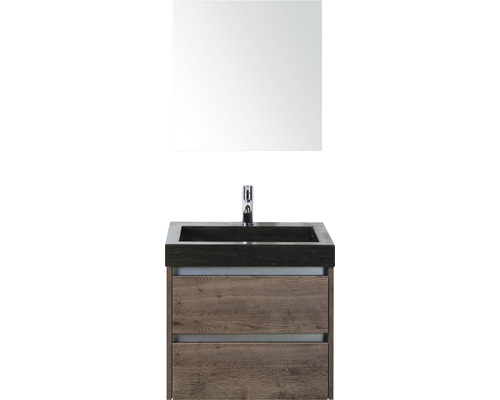 Set de meubles de salle de bains Sanox Dante lxhxp 61 x 170 x 45,5 cm couleur de façade tabac avec vasque en pierre naturelle noir
