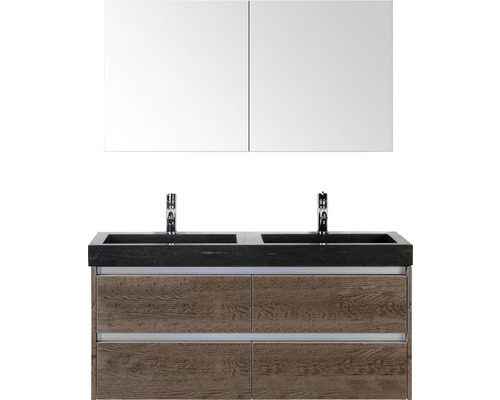 Set de meubles de salle de bains Sanox Dante lxhxp 121 x 170 x 45,5 cm couleur de façade tabac avec vasque en pierre naturelle noir