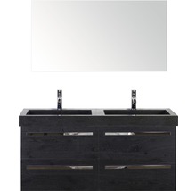 Badmöbel-Set Sanox Seville BxHxT 121 x 170 x 45,5 cm Frontfarbe schwarz eiche mit Waschtisch Naturstein schwarz und Naturstein-Doppelwaschtisch Waschtischunterschrank Spiegel