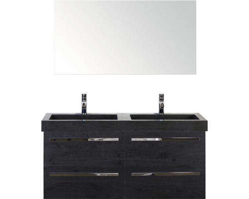 Badmöbel-Set Sanox Seville BxHxT 121 x 170 x 45,5 cm Frontfarbe schwarz eiche mit Waschtisch Naturstein schwarz und Naturstein-Doppelwaschtisch Waschtischunterschrank Spiegel