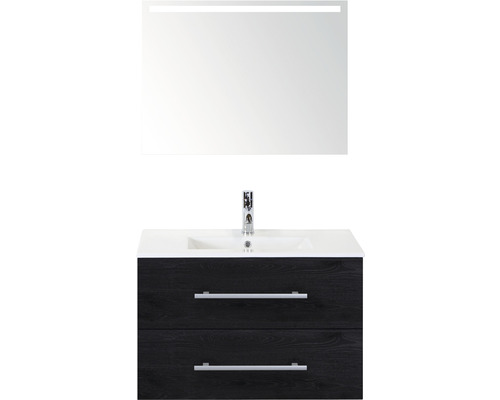 Badmöbel-Set Sanox Stretto BxHxT 81 x 170 x 39 cm Frontfarbe black oak mit Waschtisch Keramik weiß und Keramik-Waschtisch Spiegel mit LED-Beleuchtung Waschtischunterschrank Waschtisch mit Unterschrank und beleuchtetem Spiegel für das Badezimmer