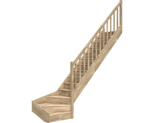 Escalier à limon latéral escalier de meunier Pertura Elenie chêne avec contremarches 1/4-tournant en bas à droite 16 marches / 17 pas de marche garde-corps à barres verticales