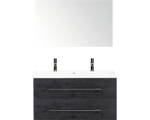 Badmöbel-Set Sanox Straight BxHxT 100 x 170 x 40 cm Frontfarbe black oak mit Waschtisch Mineralguss weiß und Mineralguss-Doppelwaschtisch Spiegel Waschtischunterschrank