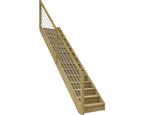 Escalier à limon latéral escalier de meunier Pertura Elenie chêne avec contremarches droit 14 marches / 15 pas de marche garde-corps à barres horizontales-0