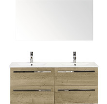 Badmöbel-Set Sanox Seville BxHxT 121 x 170 x 46 cm Frontfarbe eiche natur mit Waschtisch Keramik weiß und Keramik-Doppelwaschtisch Spiegel Waschtischunterschrank