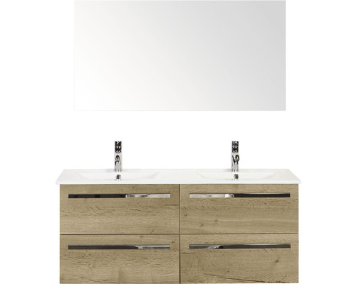 Set de meubles de salle de bains Sanox Seville lxhxp 121 x 170 x 46 cm couleur de façade chêne naturel avec vasque céramique blanc et vasque double céramique miroir meuble sous vasque