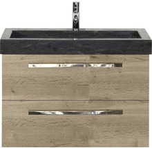 Badmöbel-Set Sanox Seville BxHxT 81 x 58 x 45,5 cm Frontfarbe eiche natur mit Waschtisch Naturstein schwarz