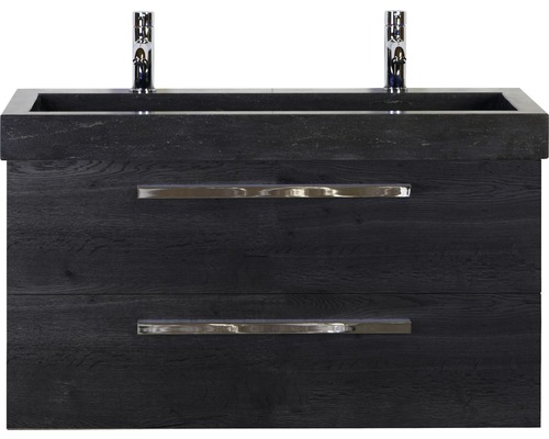 Badmöbel-Set Sanox Seville BxHxT 101 x 58 x 45,5 cm Frontfarbe schwarz eiche mit Waschtisch Naturstein schwarz