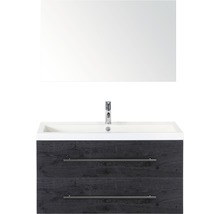 Badmöbel-Set Sanox Straight BxHxT 100 x 170 x 40 cm Frontfarbe black oak mit Waschtisch Mineralguss weiß und Mineralguss-Waschtisch Spiegel Waschtischunterschrank