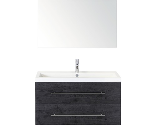 Badmöbel-Set Sanox Straight BxHxT 100 x 170 x 40 cm Frontfarbe black oak mit Waschtisch Mineralguss weiß und Mineralguss-Waschtisch Spiegel Waschtischunterschrank Waschtisch mit Spiegel, Unterschrank und zwei Schubladen