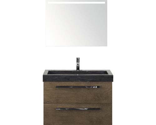 Badmöbel-Set Sanox Seville BxHxT 81 x 170 x 45,5 cm Frontfarbe tabacco mit Waschtisch Naturstein schwarz und Naturstein-Waschtisch Waschtischunterschrank Spiegel mit LED-Beleuchtung