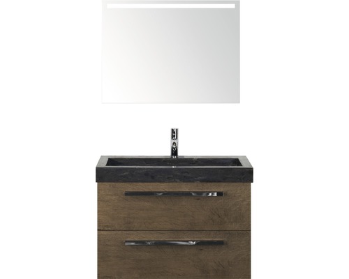 Set de meubles de salle de bains Sanox Seville lxhxp 81 x 170 x 45,5 cm couleur de façade tabacco avec vasque en pierre naturelle noir et vasque en pierre naturelle meuble sous vasque miroir avec éclairage LED