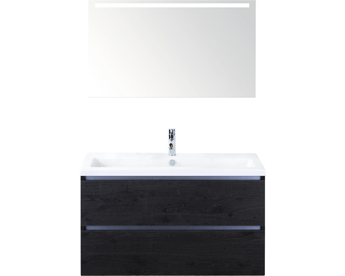 Badmöbel-Set Sanox Vogue BxHxT 101 x 170 x 41 cm Frontfarbe black oak mit Waschtisch Keramik weiß und Keramik-Waschtisch Waschtischunterschrank Spiegel mit LED-Beleuchtung