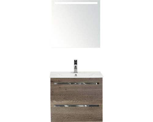 Set de meubles de salle de bains Sanox Seville lxhxp 61 x 170 x 46 cm couleur de façade tabacco avec vasque céramique blanc et vasque céramique miroir avec éclairage LED meuble sous vasque