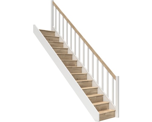 Escalier à limon latéral Pertura Elenie chêne avec contremarches droit 14 marches / 15 pas de marche garde-corps à barres verticales