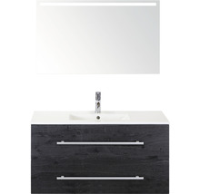 Badmöbel-Set Sanox Stretto BxHxT 101 x 170 x 39 cm Frontfarbe black oak mit Waschtisch Keramik weiß und Keramik-Waschtisch Spiegel mit LED-Beleuchtung Waschtischunterschrank