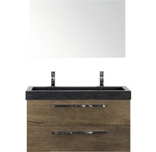 Badmöbel-Set Sanox Seville BxHxT 101 x 170 x 45,5 cm Frontfarbe tabacco mit Waschtisch Naturstein schwarz und Naturstein-Doppelwaschtisch Waschtischunterschrank Spiegel