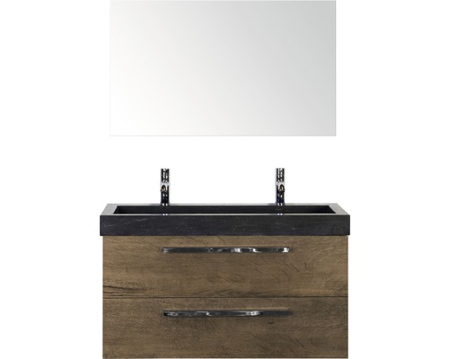 Badmöbel-Set Sanox Seville BxHxT 101 x 170 x 45,5 cm Frontfarbe tabacco mit Waschtisch Naturstein schwarz und Naturstein-Doppelwaschtisch Waschtischunterschrank Spiegel