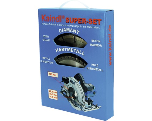 Kaindl Super-Set pour scies circulaires à main pour la coupe de différents matériaux dans un emballage bleu.