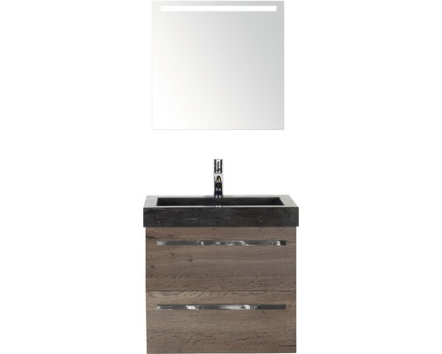 Badmöbel-Set Sanox Seville BxHxT 61 x 170 x 45,5 cm Frontfarbe tabacco mit Waschtisch Naturstein schwarz und Naturstein-Waschtisch Waschtischunterschrank Spiegel mit LED-Beleuchtung