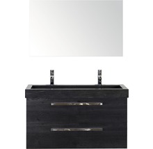 Badmöbel-Set Sanox Seville BxHxT 101 x 170 x 45,5 cm Frontfarbe schwarz eiche mit Waschtisch Naturstein schwarz und Naturstein-Doppelwaschtisch Waschtischunterschrank Spiegel