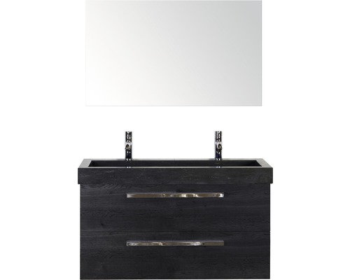 Set de meubles de salle de bains Sanox Seville lxhxp 101 x 170 x 45,5 cm couleur de façade noir chêne avec vasque en pierre naturelle noir et double vasque en pierre naturelle meuble sous vasque miroir
