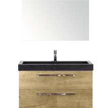 Badmöbel-Set Sanox Seville BxHxT 101 x 170 x 45,5 cm Frontfarbe eiche natur mit Waschtisch Naturstein schwarz und Naturstein-Waschtisch Waschtischunterschrank Spiegel