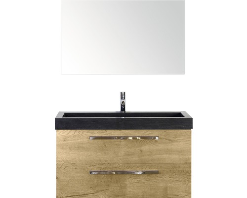 Badmöbel-Set Sanox Seville BxHxT 101 x 170 x 45,5 cm Frontfarbe eiche natur mit Waschtisch Naturstein schwarz und Naturstein-Waschtisch Waschtischunterschrank Spiegel