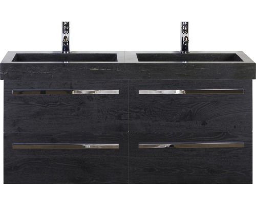 Badmöbel-Set Sanox Seville BxHxT 121 x 58 x 45,5 cm Frontfarbe schwarz eiche mit Waschtisch Naturstein schwarz