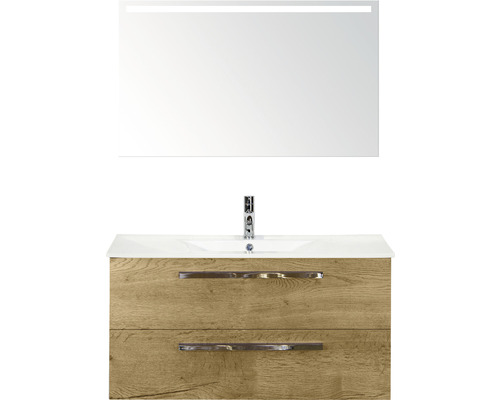 Badmöbel-Set Sanox Seville BxHxT 101 x 170 x 46 cm Frontfarbe eiche natur mit Waschtisch Keramik weiß und Keramik-Waschtisch Spiegel mit LED-Beleuchtung Waschtischunterschrank Waschtisch mit Unterschrank und Spiegel mit Beleuchtung für das Badezimmer