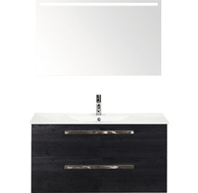 Badmöbel-Set Sanox Seville BxHxT 101 x 170 x 46 cm Frontfarbe black oak mit Waschtisch Keramik weiß und Keramik-Waschtisch Spiegel mit LED-Beleuchtung Waschtischunterschrank