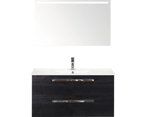Badmöbel-Set Sanox Seville BxHxT 101 x 170 x 46 cm Frontfarbe black oak mit Waschtisch Keramik weiß und Keramik-Waschtisch Spiegel mit LED-Beleuchtung Waschtischunterschrank Waschtisch mit Waschbecken und Spiegel für das Badezimmer