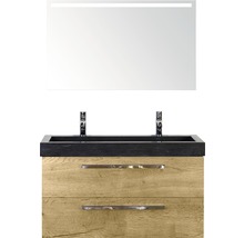 Meuble-lavabo avec deux tiroirs, vasque à poser et miroir avec éclairage