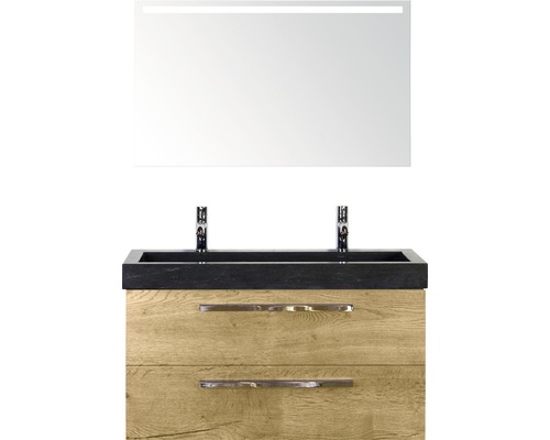 Set de meubles de salle de bains Sanox Seville lxhxp 101 x 170 x 45,5 cm couleur de façade chêne naturel avec vasque en pierre naturelle noir et vasque double en pierre naturelle meuble sous vasque miroir avec éclairage LED