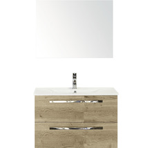 Badmöbel-Set Sanox Seville BxHxT 81 x 170 x 46 cm Frontfarbe eiche natur mit Waschtisch Keramik weiß und Keramik-Waschtisch Spiegel Waschtischunterschrank