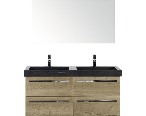 Badmöbel-Set Sanox Seville BxHxT 121 x 170 x 45,5 cm Frontfarbe eiche natur mit Waschtisch Naturstein schwarz und Naturstein-Doppelwaschtisch Waschtischunterschrank Spiegel